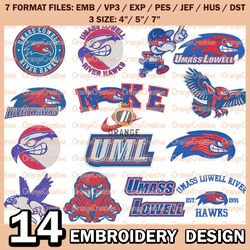 14 UMass Lowell River Hawks Logo Bundle Emb files, NCAA Bundle Embroidery Designs, NCAA Logo Machine Embroidery Digital