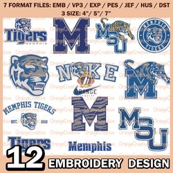 12 Memphis Tigers Logo Bundle Emb files, NCAA Memphis Bundle Embroidery Designs, NCAA Logo Machine Embroidery Digital