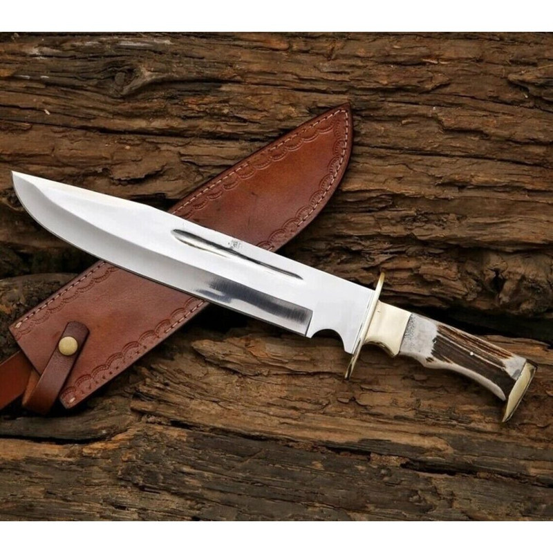 Stag Antler Custom Handmade Bowie Knife Fixed Blade D2 Tool Steel Survival Out (7).jpg