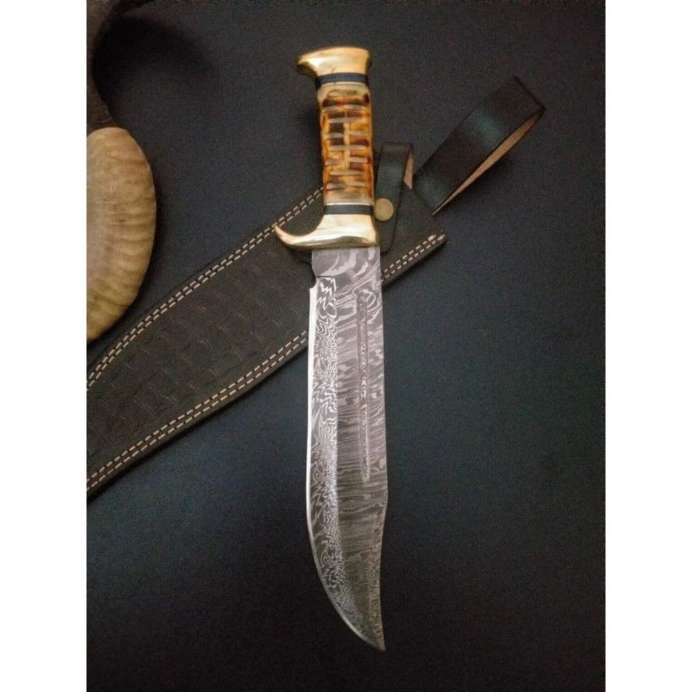 Damascus Steel Forged Bowie Knife Crocodile Dundee Knife Camel Bone Handle Knife (2).jpg