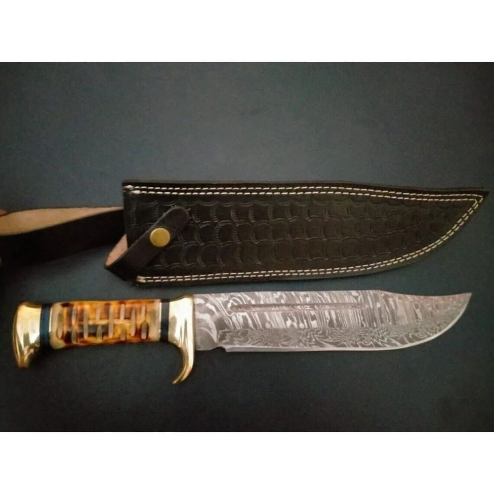 Damascus Steel Forged Bowie Knife Crocodile Dundee Knife Camel Bone Handle Knife (3).jpg