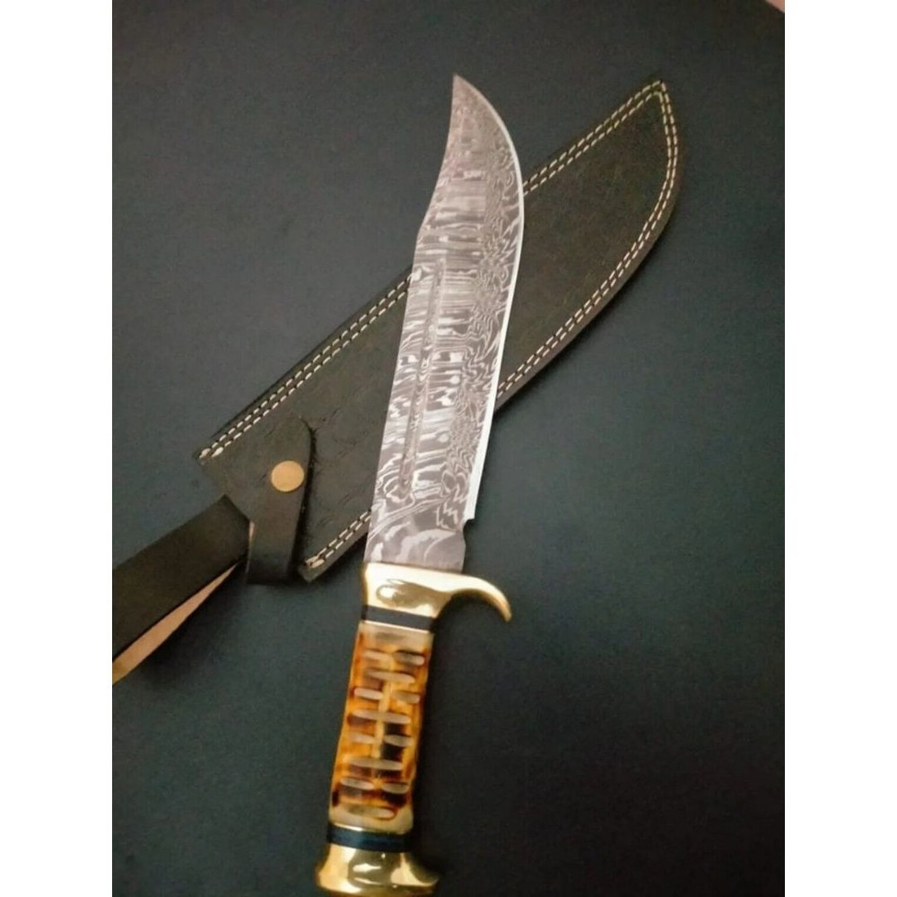 Damascus Steel Forged Bowie Knife Crocodile Dundee Knife Camel Bone Handle Knife (4).jpg