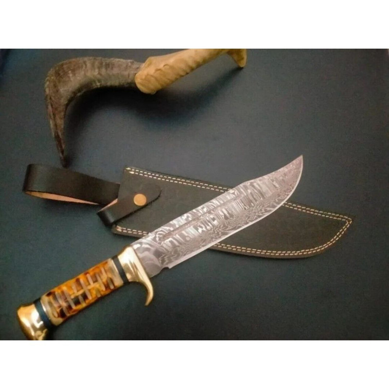Damascus Steel Forged Bowie Knife Crocodile Dundee Knife Camel Bone Handle Knife (5).jpg
