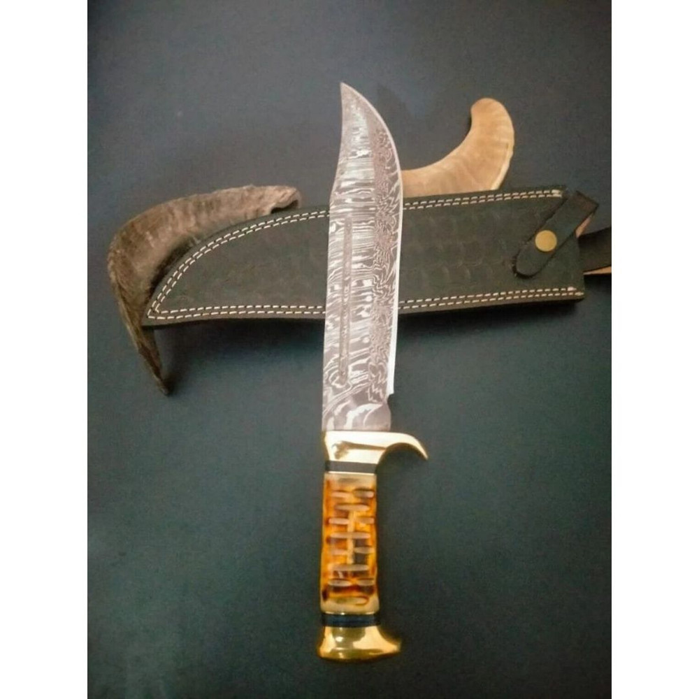 Damascus Steel Forged Bowie Knife Crocodile Dundee Knife Camel Bone Handle Knife (6).jpg