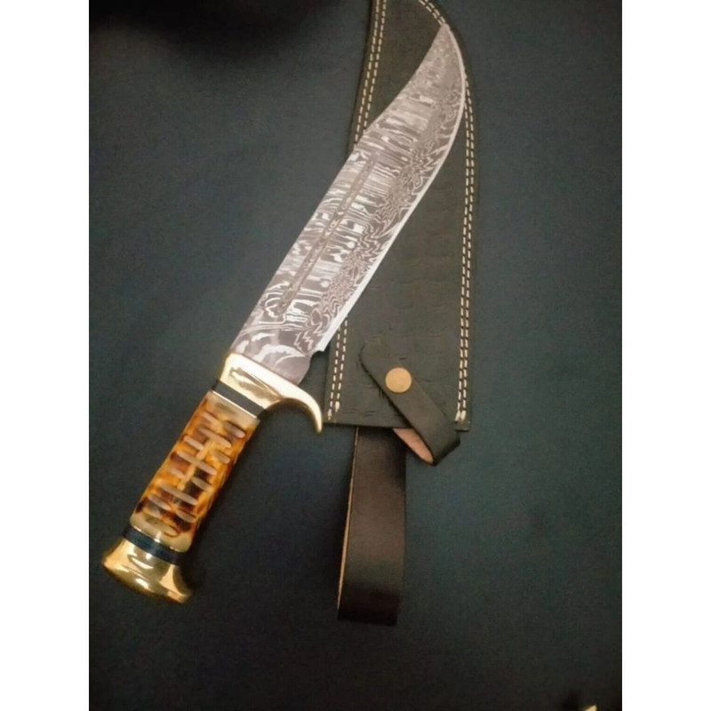 Damascus Steel Forged Bowie Knife Crocodile Dundee Knife Camel Bone Handle Knife (7).jpg