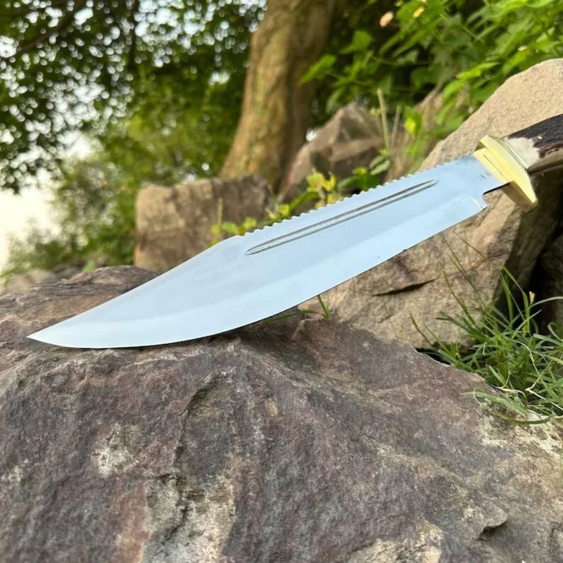 Stag Antler Bowie Knife Custom Handmade Bowie Survival Outdoor Knife D2 Steel (2).jpg