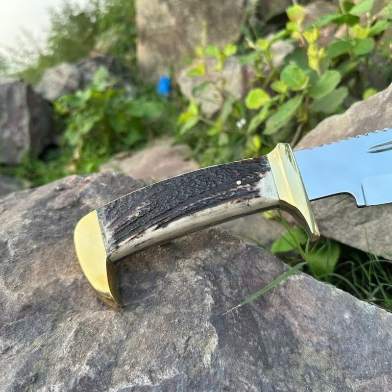 Stag Antler Bowie Knife Custom Handmade Bowie Survival Outdoor Knife D2 Steel (3).jpg