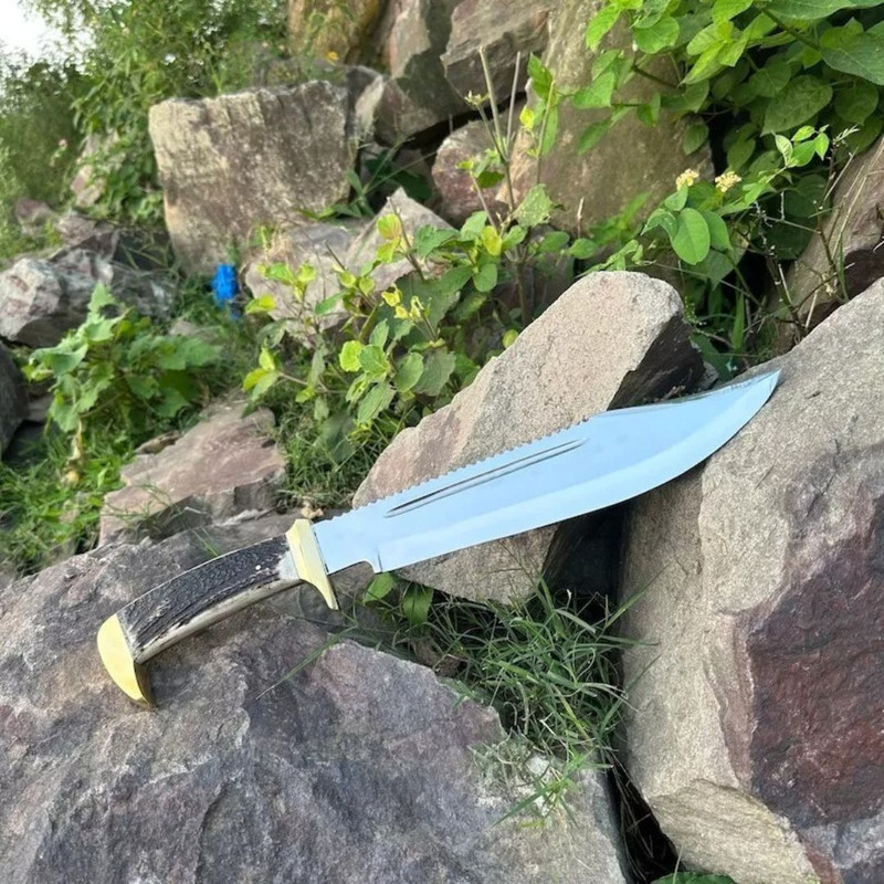 Stag Antler Bowie Knife Custom Handmade Bowie Survival Outdoor Knife D2 Steel (6).jpg