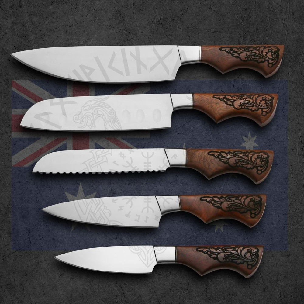 Engraved Chef Set Custom Handmade Damascus Steel Knife Set Camping Knives Huntin (1).jpg