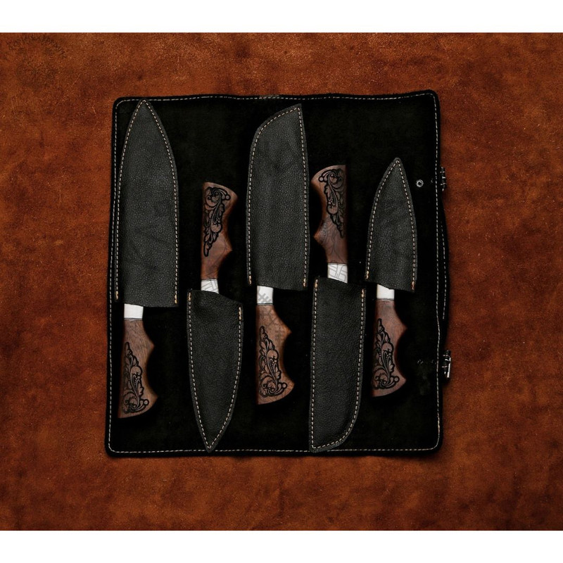 Engraved Chef Set Custom Handmade Damascus Steel Knife Set Camping Knives Huntin (2).jpg
