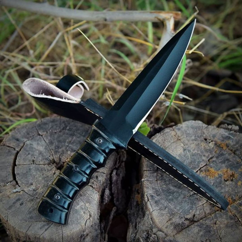 Black Powder Coated Fixed Blade Knife Handmade Hunting Survival Buffalo Horn (1).jpg