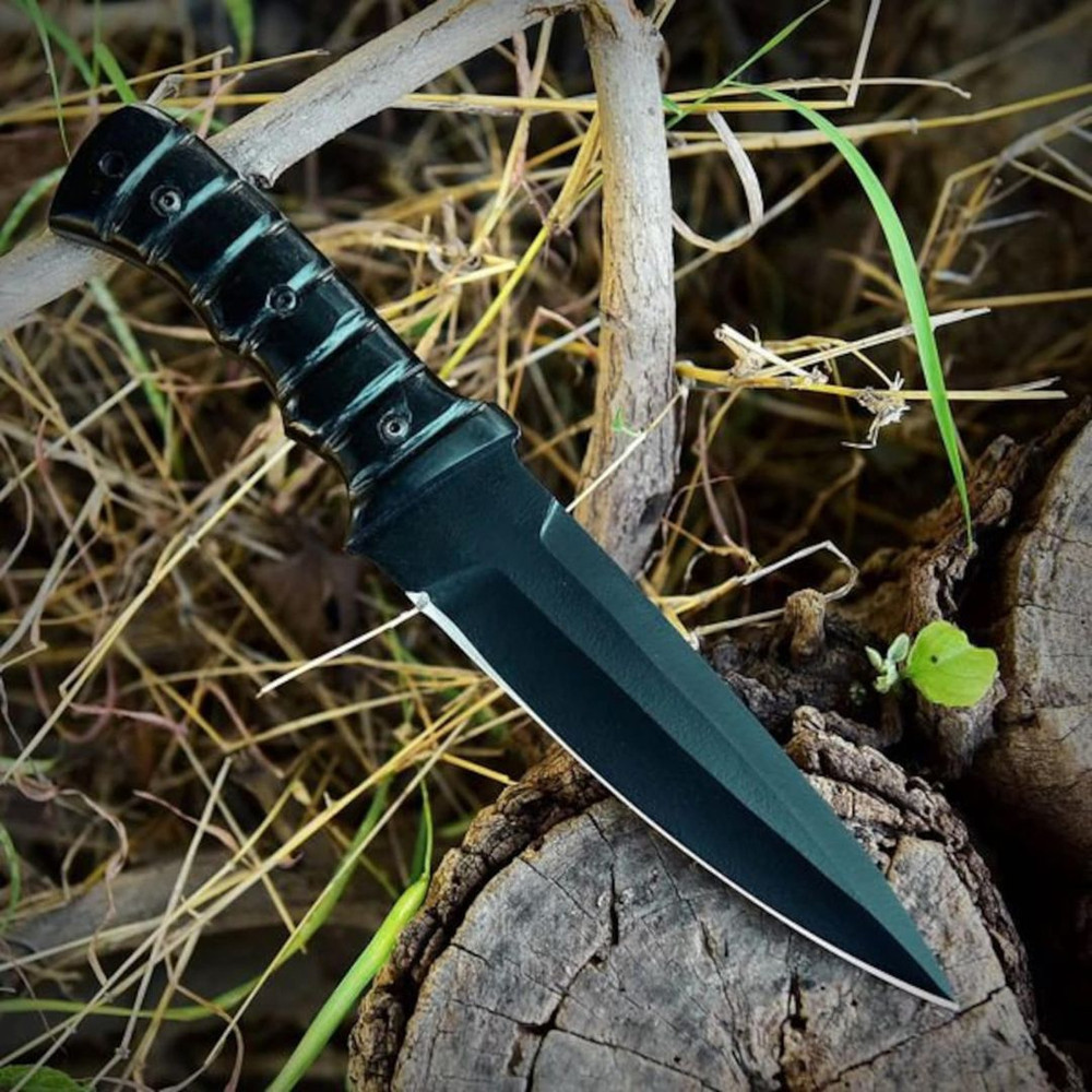 Black Powder Coated Fixed Blade Knife Handmade Hunting Survival Buffalo Horn (2).jpg