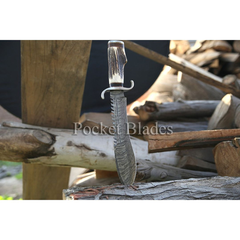 Stag Antler Damascus Steel Custom Knife Hunting Bowie Outdoor Survival Knife 0