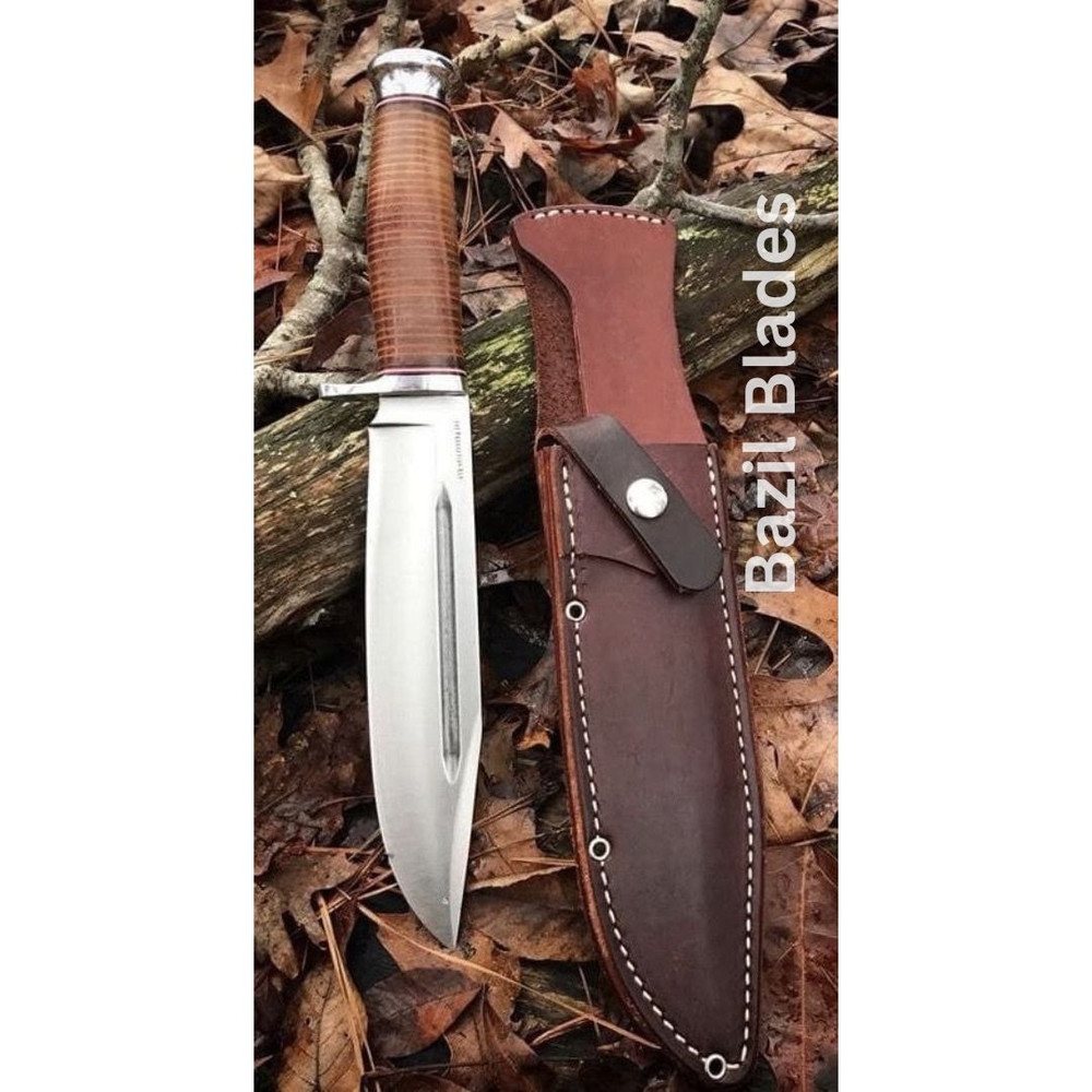 Stacked Leather Bowie Knife Custom Handmade Knife D2 Steel Survival Outdoor Bowie 0
