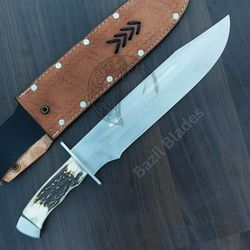 stag antler bowie knife d2 steel knife for hunting & outdoor survival wsheath