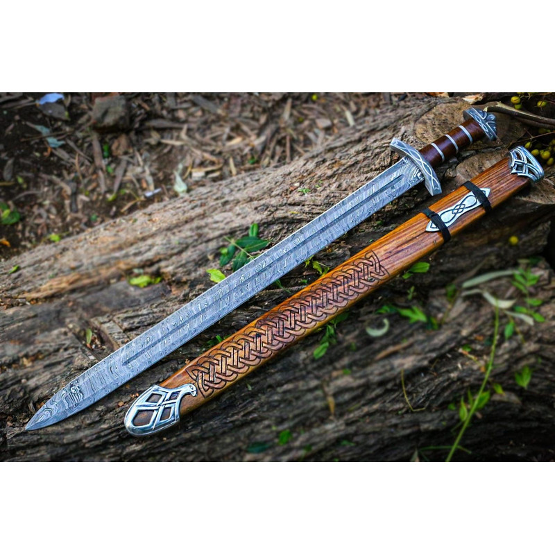 Custom Handmade Real Damascus Steel Sword With Engraved Scabbard Double Edged