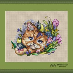 may evening counted cross stitch pattern, stitch flowers, pdf, cssaga, needlepoint cross stitch cat, xstitch animal