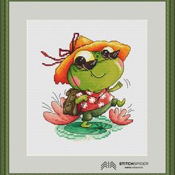 the little frog traveller counted cross stitch pattern, stitch frog, pdf, cssaga, needlepoint cross stitch, xstitch kids