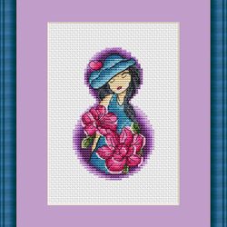 lady with pink flowers counted cross stitch pattern pdf, cssaga, cross stitch lady, xstitch flowers, stitch flowers