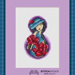 lady with red flowers counted cross stitch pattern pdf, cssaga, cross stitch lady, xstitch flowers, stitch flowers