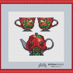 apple house counted cross stitch pattern pdf, cssaga, cross stitch apple, stitch teapot, xstitch nature, xstitch cup