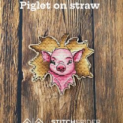 piglet on straw counted cross stitch pattern pdf, cssaga, stitch piglet, xstitch leaf, xstitch animal, stitch little pig