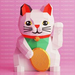 DIY Paper Maneki Neko, Lucky Cat, 3D Papercraft, PDF template