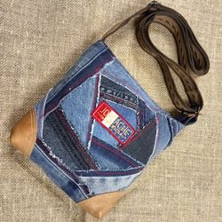Cute  small denim cross body bag in patchwork style with pockets - adjustable strap