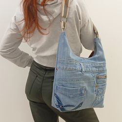Stylish and comfortable cute hobo handbag -handmade blue denim crossbody bag