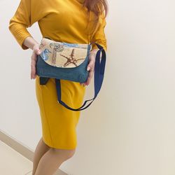Mini messenger bag women, Denim bag with flap, small crossbody bag, textile purse, Cell phone wallet.