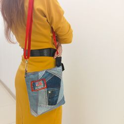 Small denim crossbody or shoulder bag, handmade in crazy patchwork style from environmentally friendly jeans material