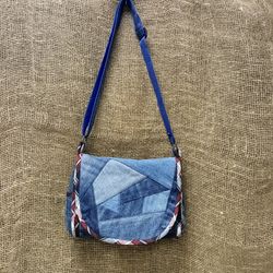 handmade bag , recycled jeans bag, crossbody bag . shoulder bag, bag with a crazy pechwork flap