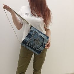 cute small denim crossbody bag with pockets - adjustable strap