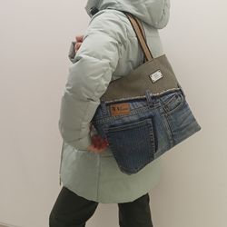 Unusual Denim women handmade shoulder bag-tote denim bag with pockets