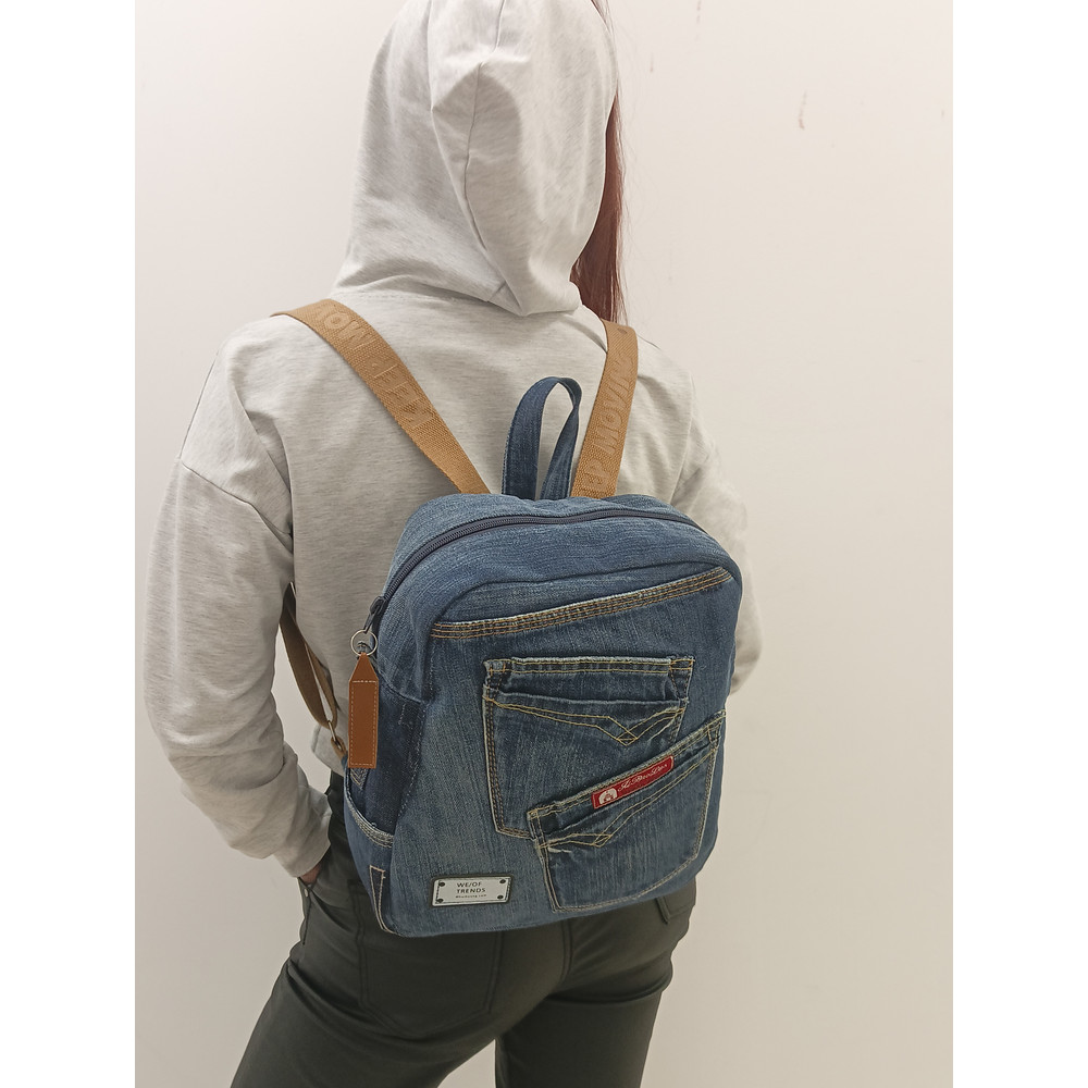 Stylish And Comfortable Denim Blue Casual Backpack Handmade From Recycled Jeans With 8 Pockets Pocke