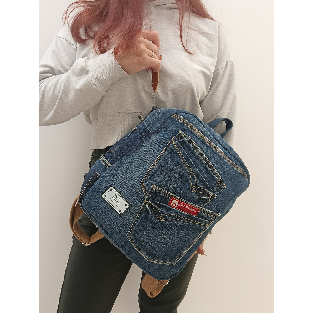 Stylish And Comfortable Denim Blue Casual Backpack Handmade From Recycled Jeans With 8 Pockets Pocke