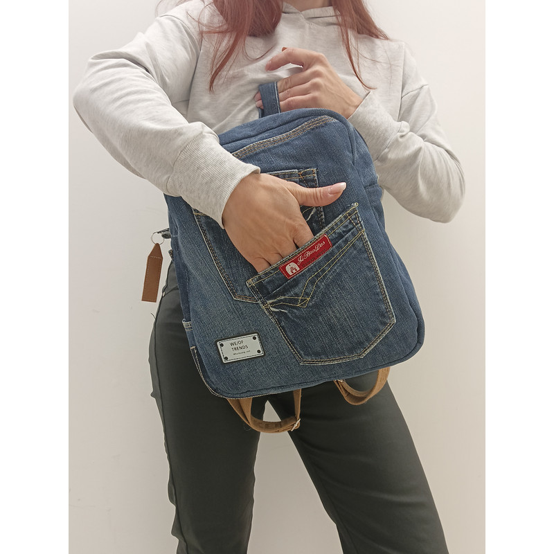 Stylish And Comfortable Denim Blue Casual Backpack Handmade From Recycled Jeans With 8 Pockets Pocke
