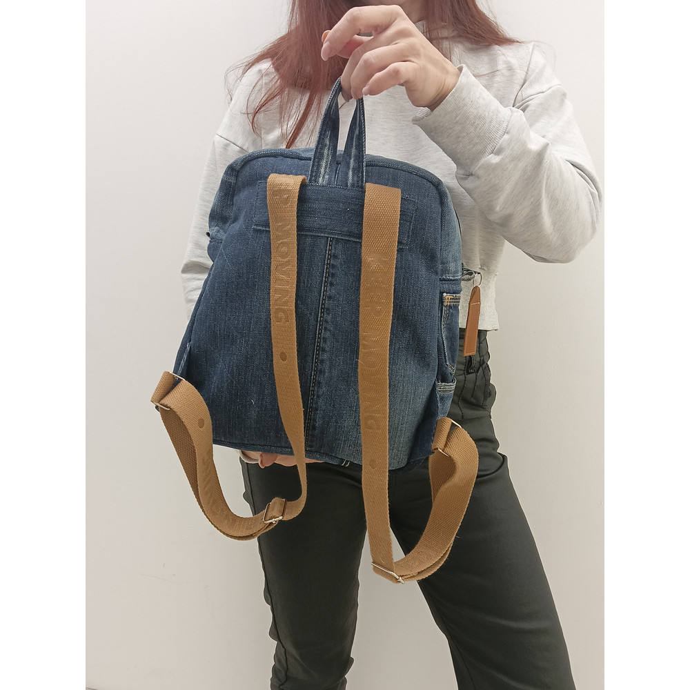 Stylish And Comfortable Denim Blue Casual Backpack Handmade From Recycled Jeans With 8 Pockets Pocke