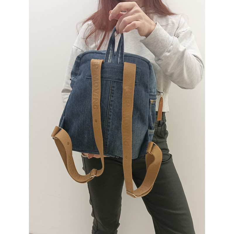 Stylish And Comfortable Denim Blue Casual Backpack Handmade From Recycled Jeans With 8 Pockets Pocke