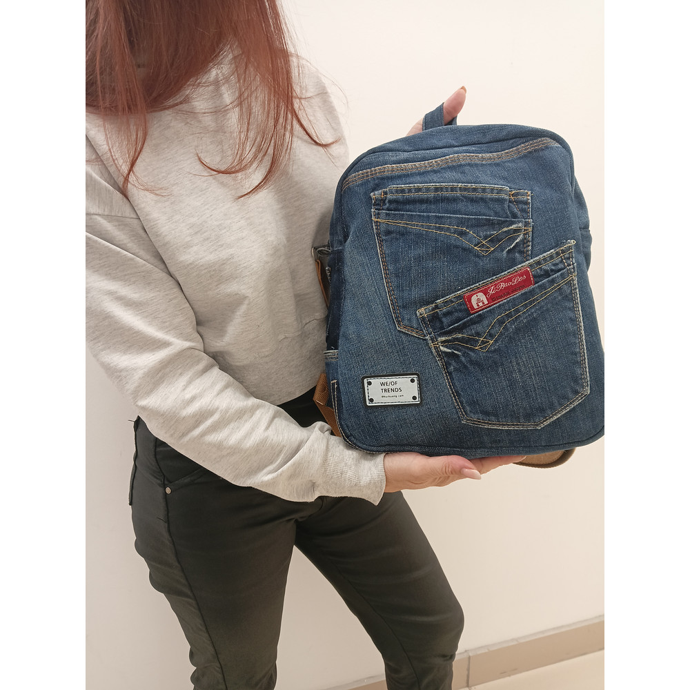 Stylish And Comfortable Denim Blue Casual Backpack Handmade From Recycled Jeans With 8 Pockets Pocke