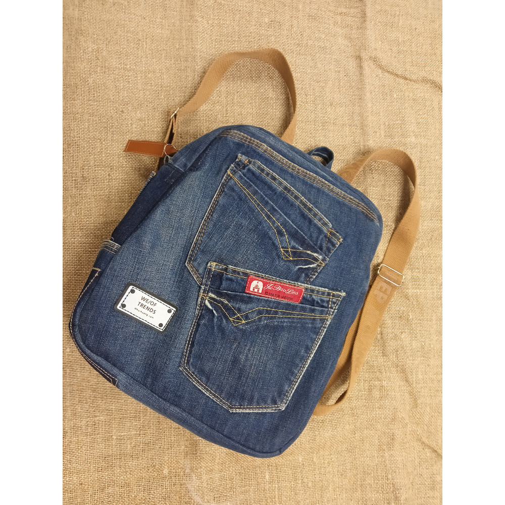 Stylish And Comfortable Denim Blue Casual Backpack Handmade From Recycled Jeans With 8 Pockets Pock 2
