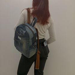 denim backpack with 100 percent cotton lining, handmade, recycled jeans, 7 pockets