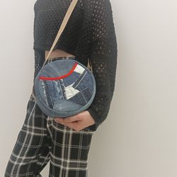 round denim crossbody bag, for various necessary trifles, with 3 pockets and a long red strap 123 cm, cotton inside