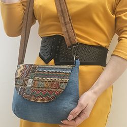 small crossbody bag, women's messenger bag with flap made of tapestry denim bag with flap, small shoulder bag