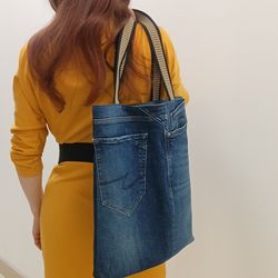 large denim shoulder bag, market bag, shopping jeans bag with 6 pockets.
