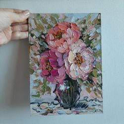 Flower oil painting Original art Pink flowers in vaze