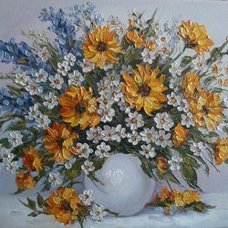 Yellow flower oil painting Original art Wildflowers Palette knife Vaze painting Floral Wall art