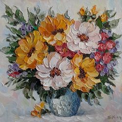 Flower oil painting Original art Textured Vaze wall art Yellow flowers painting