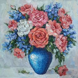 Flower oil painting Original art Rose painting Blue Vaze wall art