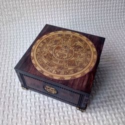 Wooden Maya Calendar Totem Laser Engraving Gift Box with Lid Laser Cut Home Decor